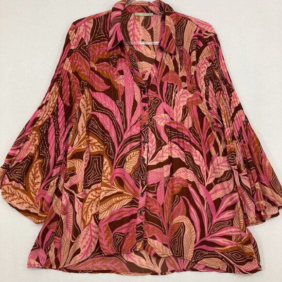 Sunny Leigh size XL Red Pink Artsy Leaf Print Flare Sleeve Relaxed Button Up - Picture 1 of 10